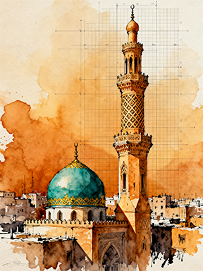 Wadi Home Islamic Mosque watercolor art print with turquoise dome and minaret, warm orange background.