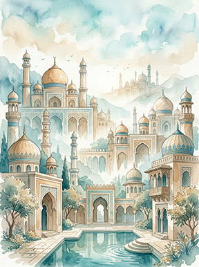 Wadi Home watercolor landscape art of a palace complex with domes, minarets, pool, and greenery in soft blues, greens, and golds.