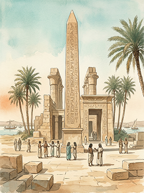 Wadi Home Ancient Egyptian temple scene watercolor art with obelisk, columns, palm trees, and figures. Depicts ruins and ancient Egyptian life.