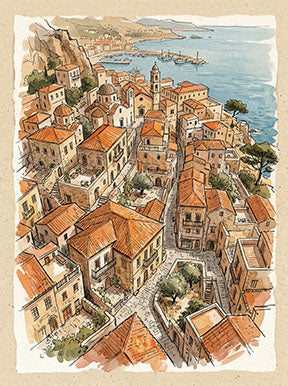 Wadi Home coastal village watercolor art with terracotta rooftops and blue sea. European seaside living.