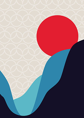Wadi Home abstract mountain landscape wall art with red sun, blue and navy mountains on a cream background.