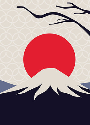 Wadi Home minimalist mountain landscape wall art with red sun and snow-capped peak.
