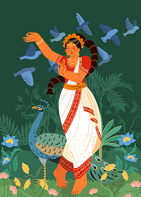 Wadi Home Indian dancer with peacock and birds wall art, traditional attire, green background, lush foliage, cultural elegance.