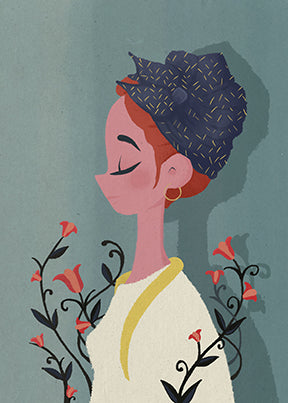 Wadi Home minimalist wall art of a woman with a blue headwrap and red flowers on a teal background.