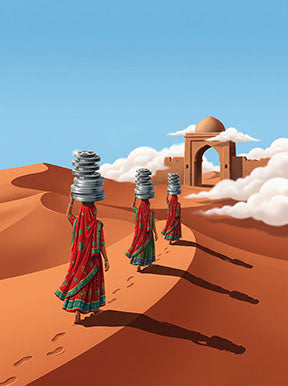 Wadi Home Desert Journey Wall Art: Three women in red and green saris walk across sand dunes carrying stacks of items on their heads. Archway in background.