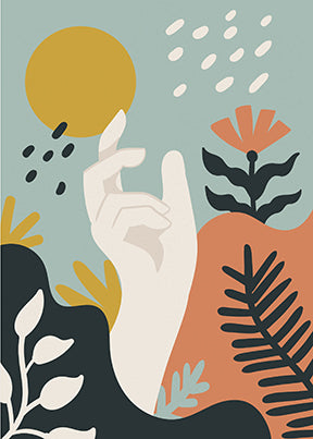 Wadi Home abstract botanical hand wall art in teal, ochre, and terracotta. Features stylized hand and floral elements.
