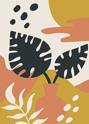 Wadi Home abstract botanical wall art with ochre, terracotta, and deep green monstera leaves and organic shapes.