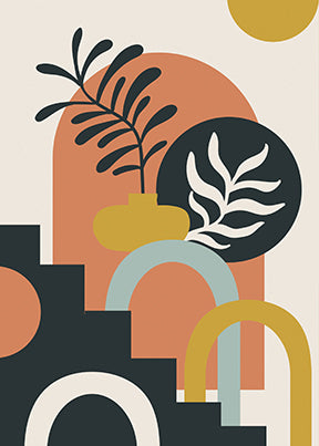 Wadi Home abstract botanical archway wall art with terracotta, mustard yellow, and deep teal geometric shapes and plant motifs.