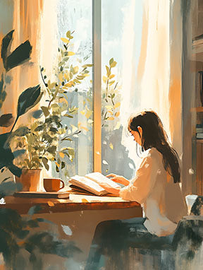 Wadi Home art print of a woman reading by a sunlit window, with plants and a coffee cup on the table.