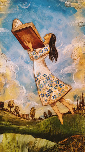 Wadi Home artwork: girl in white floral dress flying with open book, whimsical clouds and landscape.