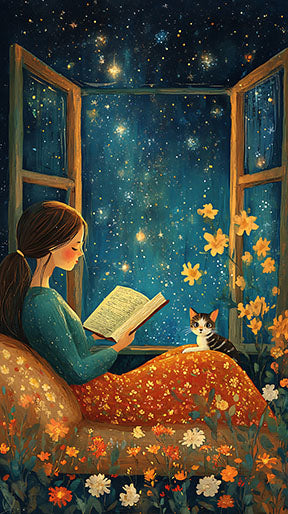 Wadi Home girl reading under a starry night sky, surrounded by flowers and a cat.