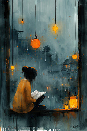 Wadi Home cozy reading nook wall art, woman reading by window overlooking rainy cityscape with lanterns, moody blues and orange accents.
