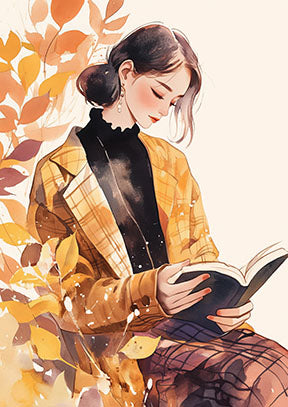 Wadi Home watercolor art of a woman in a plaid jacket reading a book, surrounded by autumn leaves.