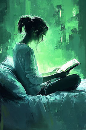 Wadi Home abstract impressionistic wall art of a woman reading a book in a green glow, seated on a bed.