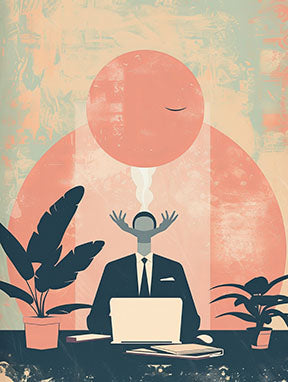 Wadi Home abstract wall art of a man in a suit at a desk with a laptop, surrounded by plants. Warm, muted colors.