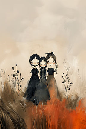 Wadi Home Three Figures In A Field wall art, featuring three stylized figures in black dresses amidst a textured field of warm earthy tones and vibrant orange accents.