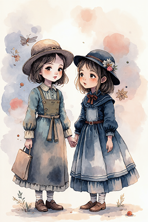 Wadi Home watercolor print of two young girls in vintage dresses and hats holding hands, soft colors, nostalgic innocence.