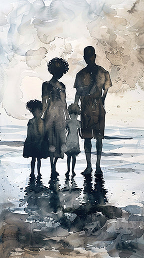 Wadi Home family beach silhouette watercolor art print with muted colors, depicting a family walking on the shore.