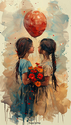 Wadi Home art print of two girls, one holding a red balloon, the other flowers. Watercolor style.