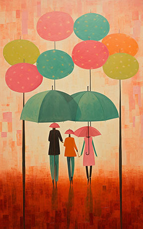Wadi Home abstract wall art of a family under umbrellas in warm colors, with vibrant pink, teal, and orange umbrellas.