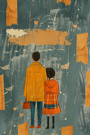 Wadi Home abstract wall art featuring two figures in coats against a teal and burnt orange background. Modern art.