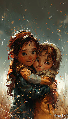 Wadi Home artwork of two young girls with brown hair embracing in a field, wearing warm jackets and scarves. Expressive style with warm colors.