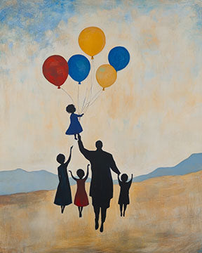 Wadi Home Family With Balloons wall art, silhouette of family holding balloons, one child lifted by balloons, landscape background.