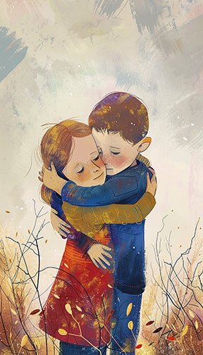 Wadi Home artwork of two children embracing in a field of wildflowers, painterly style, warm colors.