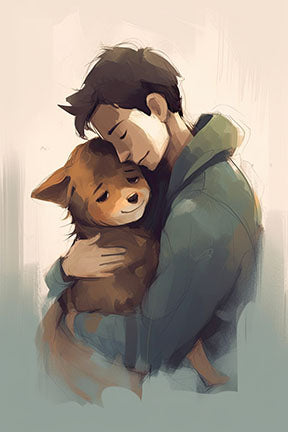 Wadi Home art print of a man in a green hoodie hugging a brown dog, evoking love and loyalty.
