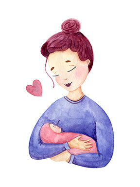 Wadi Home watercolor art print of a mother holding her baby, with a pink heart. Soft blues and pinks.