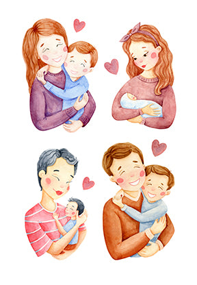 Wadi Home Family Love Collection wall art featuring watercolor illustrations of parents holding children and hearts.