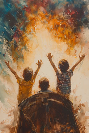Wadi Home artwork of three children with arms raised in joy against a vibrant, abstract sky. Captures childhood wonder and optimism.