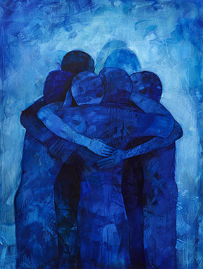 Wadi Home Abstract Embrace wall art, deep blue figures in a tender embrace, textured brushstrokes, modern abstract art.