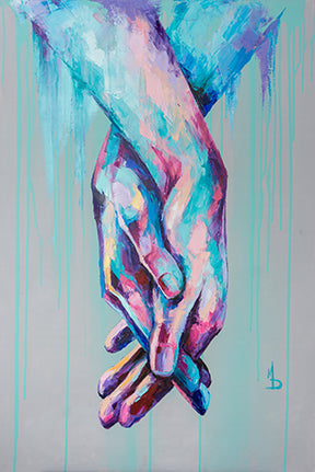 Wadi Home abstract canvas wall art featuring intertwined hands in vibrant blues, pinks, and purples with dripping paint effect.