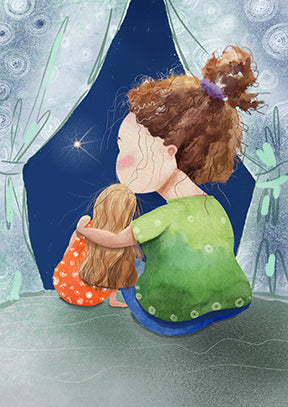 Wadi Home art print of two figures, a woman and child, gazing at a starry night sky from a window. Whimsical illustration.