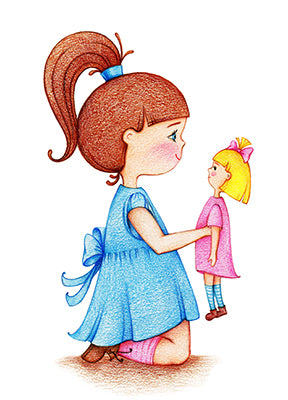 Wadi Home illustration of a girl in a blue dress holding a doll, whimsical style, warm colors, evokes childhood innocence and imagination.