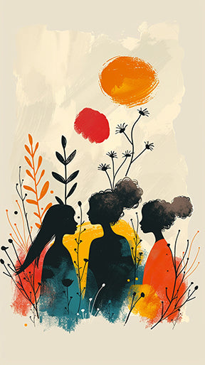 Wadi Home abstract wall art featuring silhouetted figures in a garden with warm earthy tones and pops of orange and red.