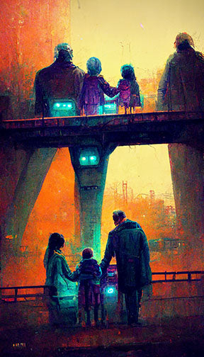 Wadi Home artwork depicting a family silhouetted against a vibrant sunset on a bridge, with warm oranges and yellows.