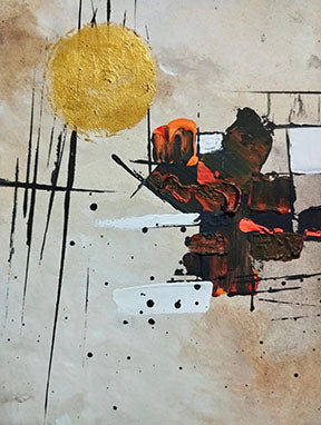 Wadi Home abstract expressionist wall art with golden sunburst, textured strokes in orange, black, and white on a neutral background.