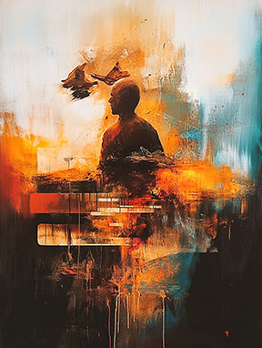 Wadi Home abstract painting of a pianist in warm tones of orange, red, and blue, with textured brushstrokes.