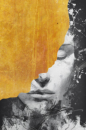 Wadi Home abstract portrait wall art in monochrome with a textured golden hue, featuring dynamic brushstrokes and a modern aesthetic.