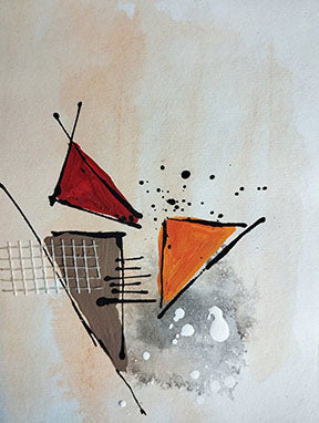 Wadi Home abstract geometric canvas art with red and orange triangles, textured background, and black accents.