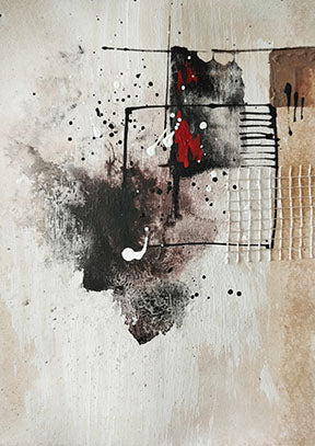 Wadi Home abstract textured canvas wall art with neutral tones, black accents, and red pop. Modern art for living room.