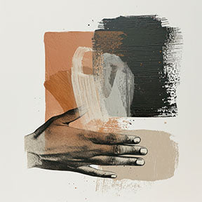 Wadi Home abstract wall art with hand imagery, brushstrokes in rust, black, and cream.