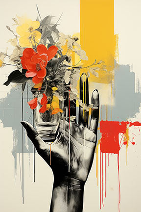 Wadi Home abstract wall art of a hand holding vibrant red and yellow flowers against a backdrop of yellow, grey, and red abstract strokes.