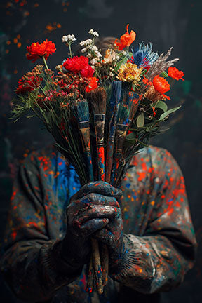 Wadi Home Artist's Bouquet wall art featuring a paint-splattered artist holding vibrant flowers and brushes.