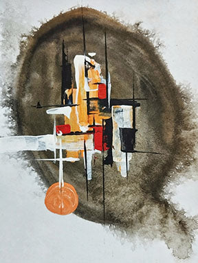 Wadi Home abstract wall art with earthy browns, oranges, and blacks. Textured brushstrokes and geometric shapes.