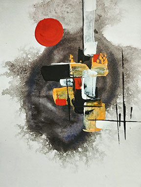 Wadi Home abstract wall art with red circle, black, white, grey, and ochre tones. Modern composition.