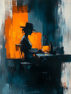 Wadi Home abstract wall art of a silhouetted figure at a desk, with bold strokes of deep blue, orange, and white.