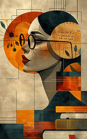 Wadi Home abstract wall art of a woman with glasses and books, in warm oranges, blues, and earthy tones.